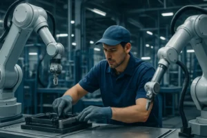 Cena de trabalhador de linha de montagem com braços mecânicos automatizados, simbolizando a inteligência artificial vai roubar empregos