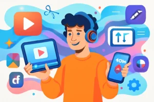 Ilustração colorida de personagem com tablets, smartphones e elementos de vídeo, representando melhor ia gratuita vídeo em estilo clean