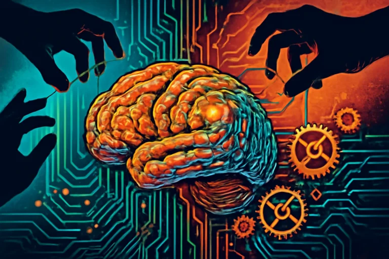 Cena digital vibrante com cérebro humano entrelaçado por circuitos e mãos manipulando fios invisíveis, representando soberania cognitiva na era da IA