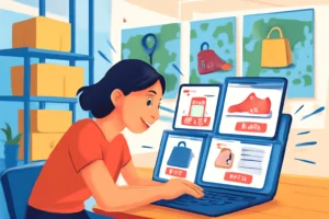 Pessoa usando laptop com várias janelas de compras, estante de caixas e mapas, destacando ChatGPT no comércio eletrônico.