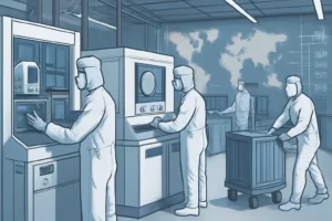 Fábrica de semicondutores operando com trabalhadores e mapas globais ao fundo, simbolizando a garantia de produção de chips pela Nexperia.