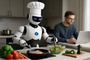 robô chef de cozinha usa ia para preparar refeições enquanto você trabalha