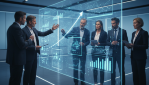 Executivos discutindo estratégia de inteligência artificial em frente a um painel holográfico