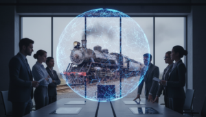 Representação visual da bolha da inteligência artificial, com elementos de hype tecnológico e o paralelo histórico com a bolha das ferrovias.