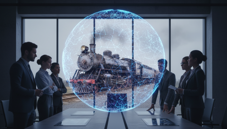 Representação visual da bolha da inteligência artificial, com elementos de hype tecnológico e o paralelo histórico com a bolha das ferrovias.