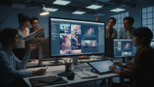 Profissionais criativos utilizando o Adobe Firefly para criar imagens e vídeos com IA.