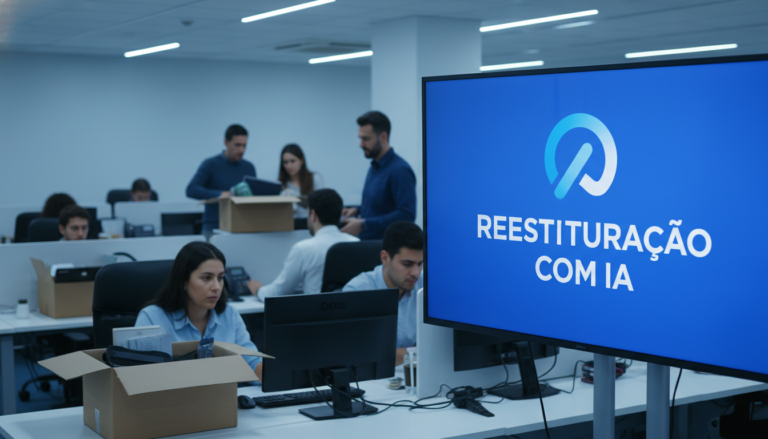 Funcionários empacotando pertences em escritório com placa 'Reestruturação com IA'