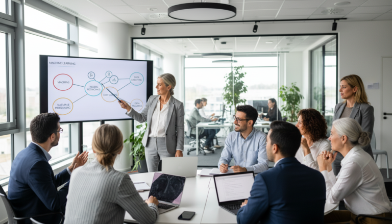 Trabalhadores europeus participando de treinamento em inteligência artificial com o programa AI Works for Europe.