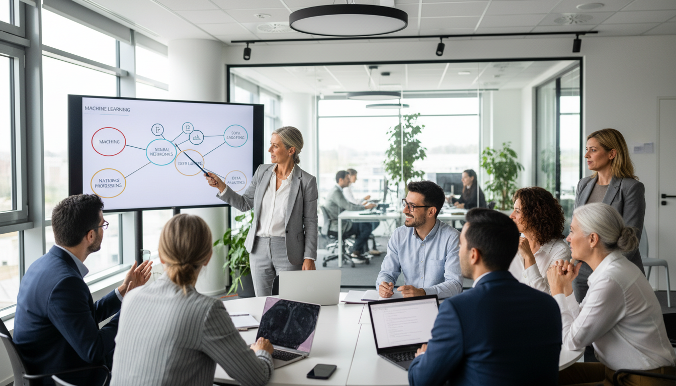Trabalhadores europeus participando de treinamento em inteligência artificial com o programa AI Works for Europe.