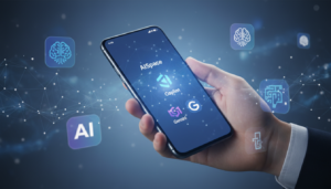 Mão segurando smartphone com interface AISpace, mostrando acesso a ferramentas de IA como Copilot e Gemini.