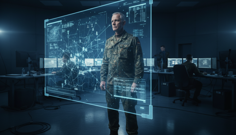 Oficial alemão observa display holográfico com dados táticos em centro de comando