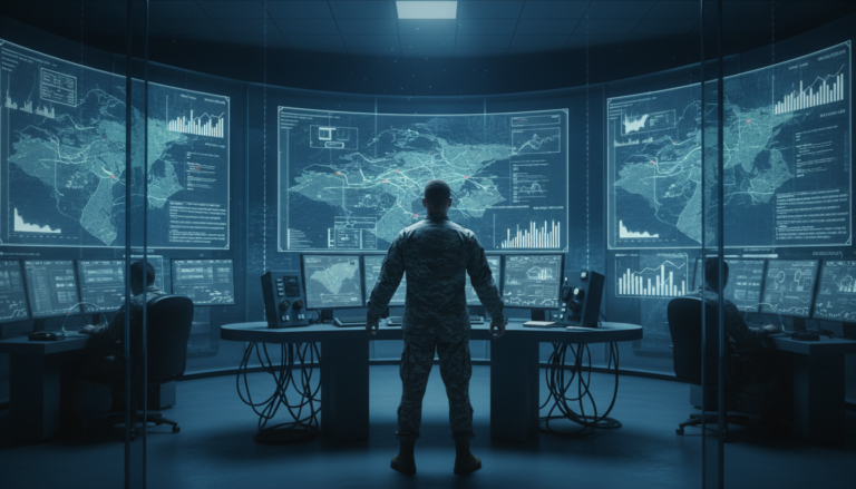 Sala de controle militar com tecnologia de IA exibindo dados de conflito