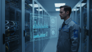 Centro de dados com servidores de IA e técnico analisando dados