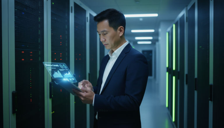 Executivo do Alibaba em centro de dados analisando métricas de IA e receita.