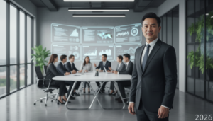 Executivo do Alibaba em escritório moderno com gráficos de IA ao fundo