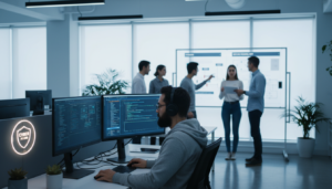 Engenheiro de software trabalhando em um escritório moderno com foco em inteligência artificial.