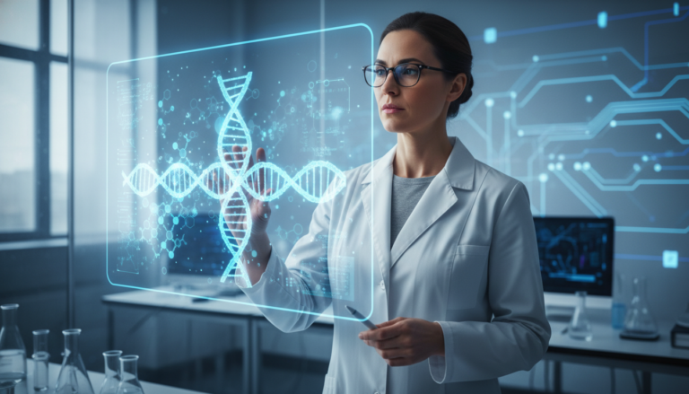 Pesquisador utilizando inteligência artificial para analisar dados biológicos em laboratório