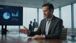 Executivo da Apple apresentando protótipo de óculos inteligentes com IA