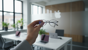 Mão segurando óculos inteligentes da Apple em um escritório moderno