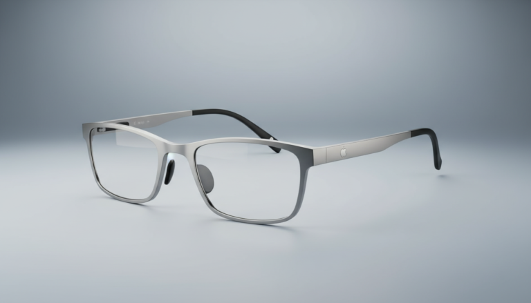Par de óculos inteligentes da Apple com design elegante e moderno, sugerindo integração com IA.