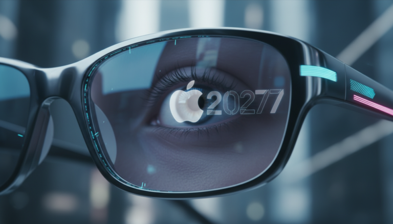 Óculos inteligentes da Apple com interface de IA, indicando o foco da empresa após o cancelamento do Vision Pro.