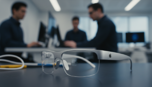 Protótipo de óculos inteligentes da Apple em ambiente de laboratório