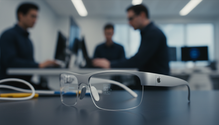 Protótipo de óculos inteligentes da Apple em ambiente de laboratório