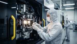 Técnico operando sistema de litografia EUV em centro de produção da ASML.