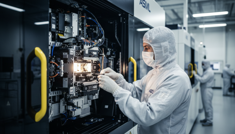 Técnico operando sistema de litografia EUV em centro de produção da ASML.