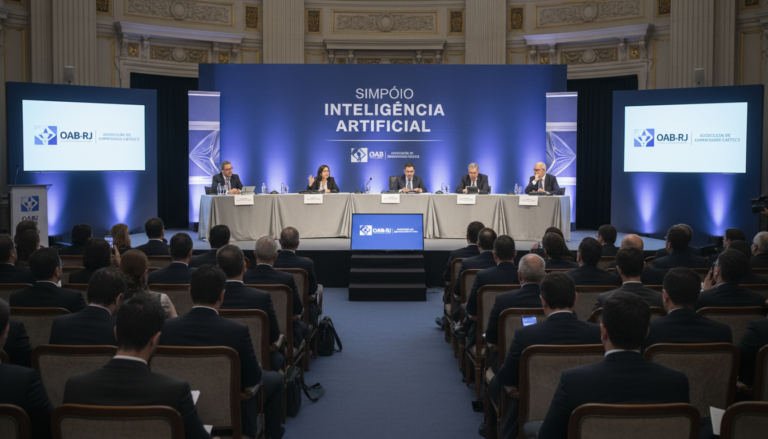 Painel de abertura do simpósio sobre Inteligência Artificial com representantes da OAB-RJ e Associação de Empresários Católicos.