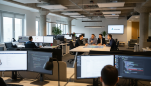 Funcionários da Atlassian trabalhando em um escritório moderno, com foco em tecnologia e colaboração.