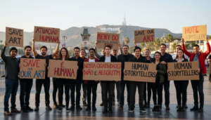 Atores protestam em Hollywood contra o uso de inteligência artificial na indústria cinematográfica.