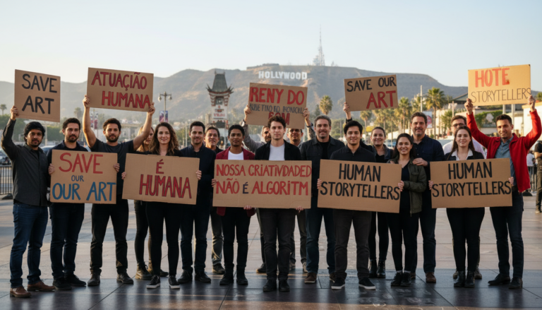 Atores protestam em Hollywood contra o uso de inteligência artificial na indústria cinematográfica.