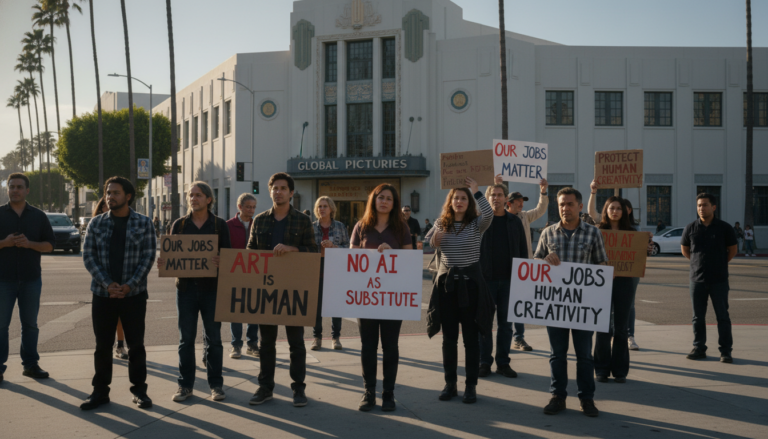 Atores protestam em Hollywood contra o uso de IA no cinema em 2024.