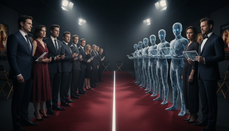 Atores humanos e figuras digitais de IA em lados opostos em Hollywood, simbolizando o conflito entre talento humano e inteligência artificial na indústria.
