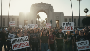 Manifestantes em Hollywood protestam contra o uso de atriz criada por IA em produções cinematográficas.