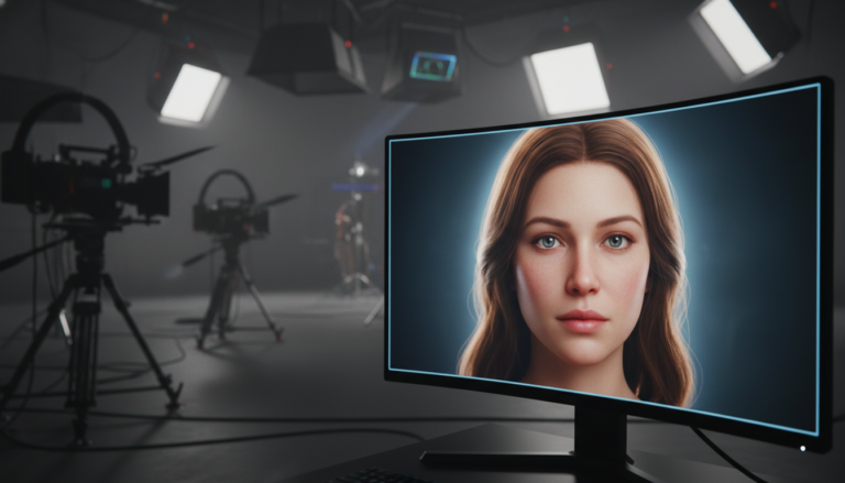 Atriz virtual Tilly Norwood em uma tela de computador em um estúdio de cinema.