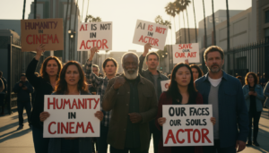 Atores protestam em Hollywood contra o uso de IA na indústria cinematográfica.