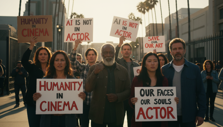 Atores protestam em Hollywood contra o uso de IA na indústria cinematográfica.