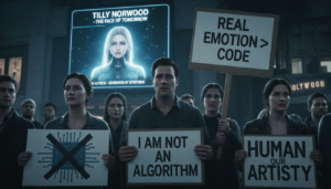 Atores humanos protestando contra a atriz virtual Tilly Norwood em Hollywood