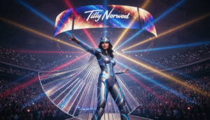 Atriz virtual Tilly Norwood se apresentando em um grande estádio para uma multidão