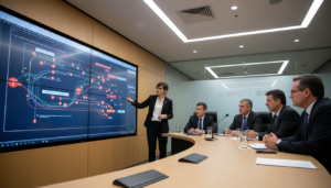 Auditores discutindo o uso de inteligência artificial para prevenir fraudes financeiras em uma sala de reunião no Senado.