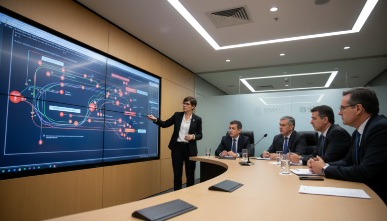 Auditores discutindo o uso de inteligência artificial para prevenir fraudes financeiras em uma sala de reunião no Senado.
