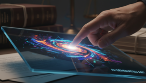 Mão humana tocando tela de tablet com arte digital gerada por IA, simbolizando a interação entre autoria e tecnologia.