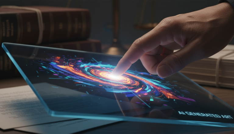 Mão humana tocando tela de tablet com arte digital gerada por IA, simbolizando a interação entre autoria e tecnologia.