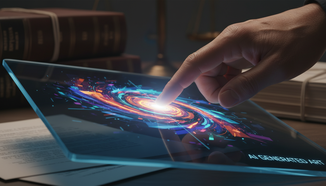 Mão humana tocando tela de tablet com arte digital gerada por IA, simbolizando a interação entre autoria e tecnologia.