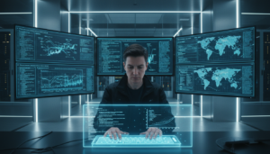 Sala de controle de segurança cibernética bancária com IA em 2026