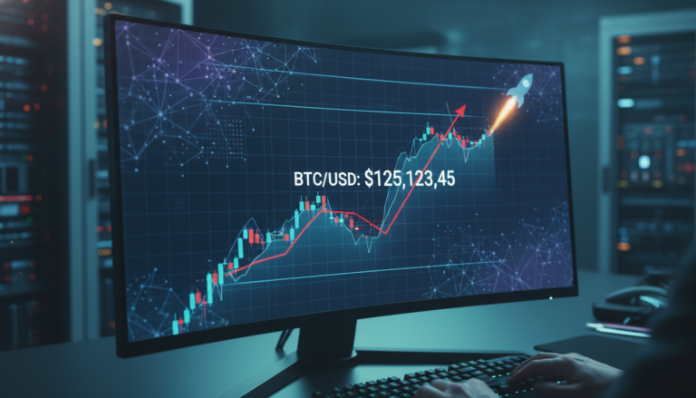 Gráfico mostrando o Bitcoin acima de US$125K, com elementos de IA e tecnologia espacial
