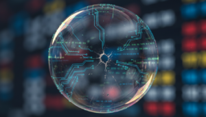 Representação visual de uma bolha da inteligência artificial prestes a estourar, com elementos digitais e fundo de mercado financeiro.