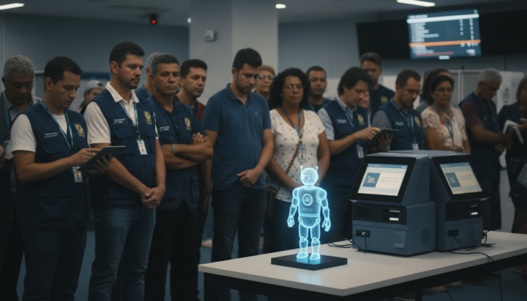 Urna eletrônica brasileira com representação de IA durante eleição presidencial em 2026.